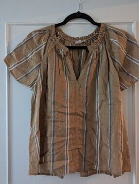GAP Tan Striped Short-Sleeve Peasant Blouse Size M